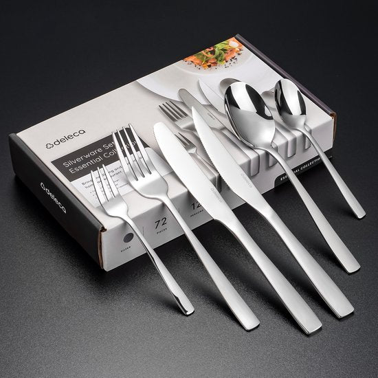 Deleca - 12 Personen Besteckset Essential (72 Teile) - Löffel, Messer, Gabeln, Steakmesser & Kuchengabeln - Spülmaschinenfestes Besteck - Glänzend Silber / Edelstahl