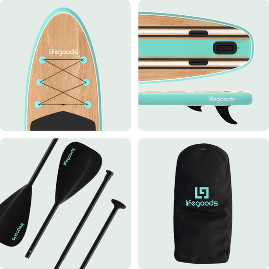 LifeGoods PaddlePro SUP Board - mit Sitz - Aufblasbares Paddle Board - Komplettset - Max. 150KG - 320x81cm - Holz/Mintgrün