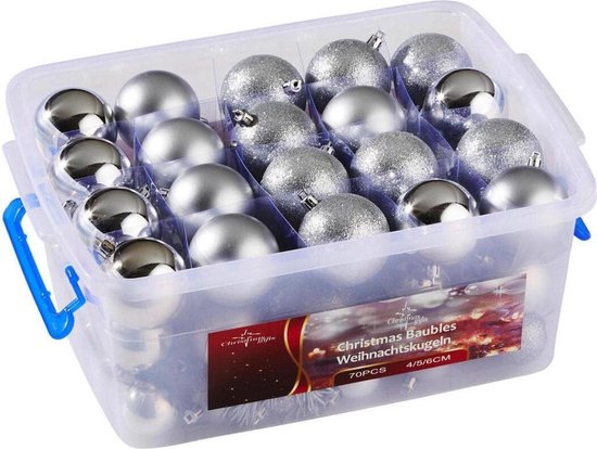 Weihnachtsgeschenke Weihnachtskugeln Set Silber - 70 Stück Plastik Weihnachtskugeln - Inkl. Weihnachtskugeln Aufbewahrungsbox - Ø4/5/6 cm