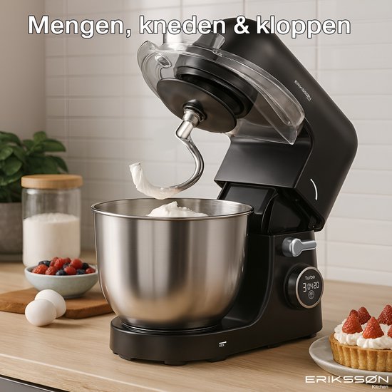 Erikssøn Küchenmaschine - 8 Geschwindigkeitsstufen mit Timer - 5L Mixer mit Rührschüssel - 1400W - Küchenroboter - Küchenmixer - Küchenmaschine - Schwarz