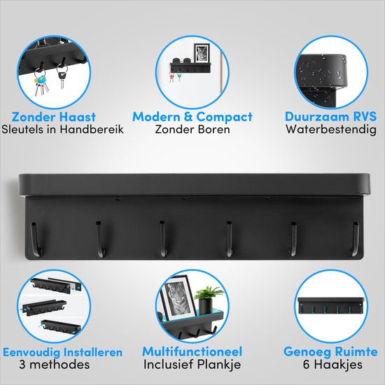 Happy Goods® - Schlüsselbrett - Schlüsselhalter - selbstklebend, magnetisch und schraubbar - rostfreier Stahl - Schwarz