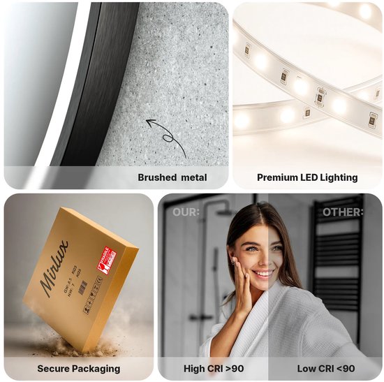 Mirlux Badezimmerspiegel mit LED-Beleuchtung und Heizung – runder Wandspiegel – beschlagfreier Duschspiegel – 80 cm – schwarzer Rahmen