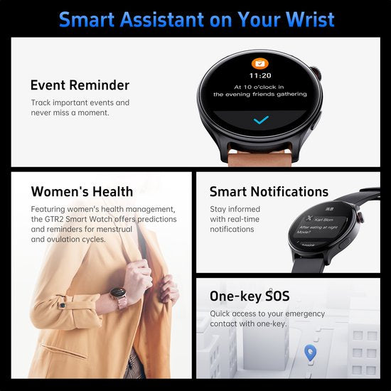 Maoo GTR Series 2 Smartwatch Herren - Edelstahl und TPU Armband - Schrittzähler - Herzfrequenzmesser - Schlafüberwachung - Multisport - Geeignet für Android und iOS - Schwarz