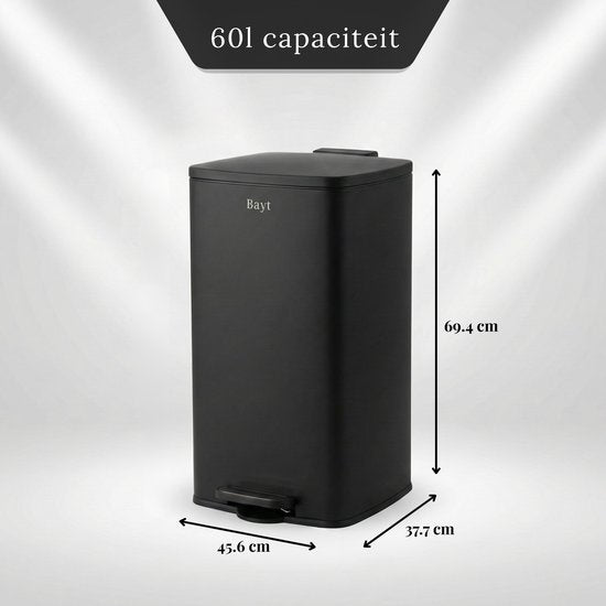 Bayt Mülleimer - Mülleimer 60 Liter - Treteimer 60 Liter - Mülleimer 60 Liter - Abfalleimer - Edelstahl - Schwarz