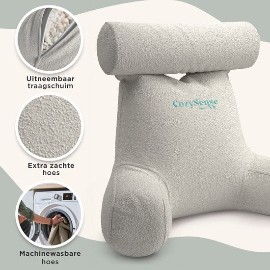 CozySense® Lesekissen für das Bett - Ergonomisches Sitzkissen - Buchkissen - Großes Relax-Kissen - Verstellbare Polsterung - Abnehmbarer Bezug - CertiPUR® - Beige