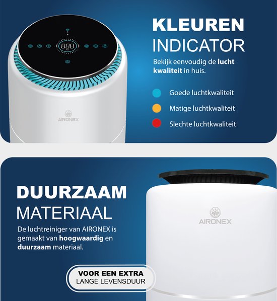 Aironex Luftreiniger mit HEPA-Filter - 40 m2 - Geeignet für Wohnzimmer, Schlafzimmer, Büro, Babyzimmer- Luftqualitätsanzeige- Wirkt gegen Staubmilben, Heuschnupfen, Allergien, Staub- Entfernt 99,97%- Luftreiniger - Luftreiniger