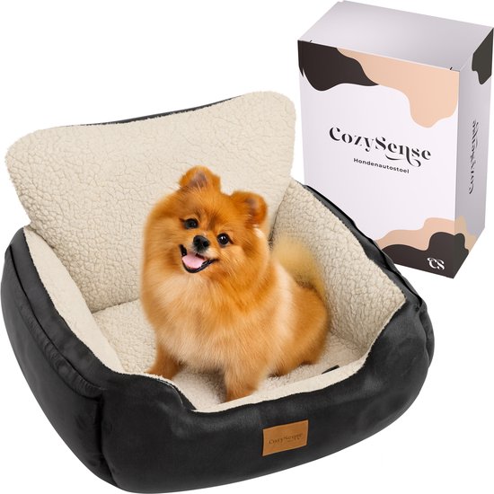 CozySense® Hundeautositz - Hundekorb Auto für kleine Hunde - Vorder- und Rücksitz - mit Sicherheitsgurt, Staufach und waschbarem Bezug - Schwarz/Beige