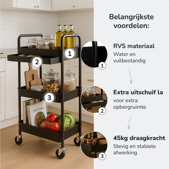 Küchenwagen mit Schublade auf Rollen - 3 Schichten - Küchenregal - Servierwagen - Schrank - Wagen - Aufbewahrung - Duschkabinen stehend - Regal - Schwarz - Luft