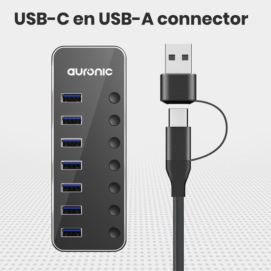 Auronic USB Hub 3.0 - USB Splitter mit 7 Ports - mit Netzteil - 5 GBPs - Led-Anzeige - Schwarz