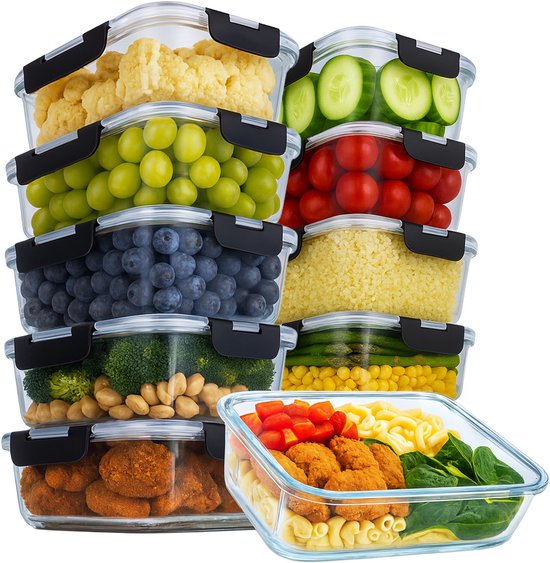 Aviro Food Storage Tassen Glas - 10 Stück - Mahlzeit Prep Tassen - Gefrierschrank, Mikrowelle & Backofen resistent - BPA frei - luftdicht - 1L