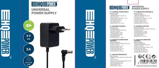 HQ-Power Universal-Netzteil, 12 VDC, 0,5 A, 6 W, 5,5 x 2,1 mm DC-Stecker, schwarz