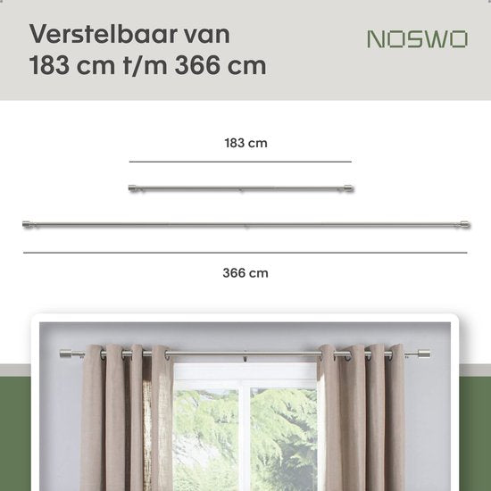 Noswo Vorhangstange - Ausziehbar - 183 bis 366 cm - Vorhangstange - Vorhangschienen komplett - Metall - 300cm - Silber