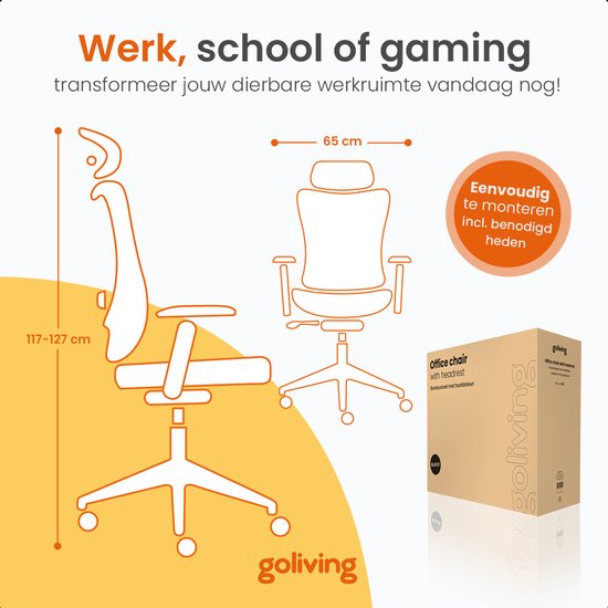 Goliving Ergonomischer Bürostuhl - Bürostuhl - Mit Kopfstütze - Bürostuhl - Verstellbar - Gaming - Für Erwachsene - NEN-1335 - Schwarz