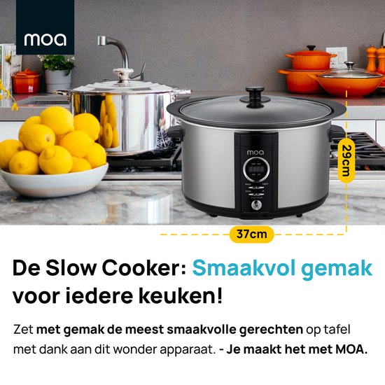 MOA Slowcooker mit Timer - 6,5L - Ø 24,5cm - Aluminium Innenbehälter - Transparenter Deckel - 3 Heizstufen - Spülmaschinenfest - BPA-frei - Edelstahl