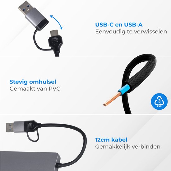 Nuvance - USB-C-Hub 3.0 - 5 Anschlüsse - USB-Splitter - USB-C-Dock - Micro SD-Kartenleser USB C - Grau