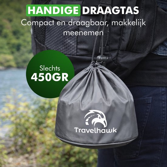 Travelhawk Camping Kochgeschirr - Pfannenset - Aluminium - 8-teilig - Camping Pfannenset - Inklusive Schwamm, Spatel, Löffel, Schüsseln und praktischer Tragetasche