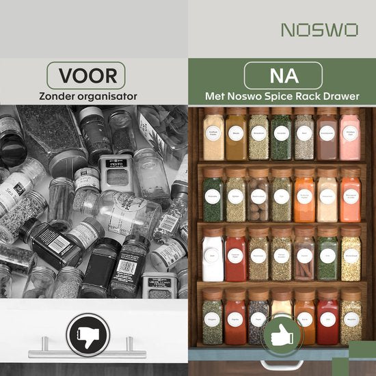 Noswo Gewürzregal Schublade mit 28 Gläsern - Komplettset - Quadratisch - Streudeckel und Etiketten - Gewürzorganisation - Küchenschubladen-Organisation - Akazie