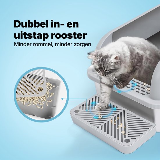 Jake und Jacky Edelstahl Katzentoilette - Offene Katzentoilette - Inkl. Katzentoilettenschaufel mit Halterung und Streusammelstufe - 60x40x30cm