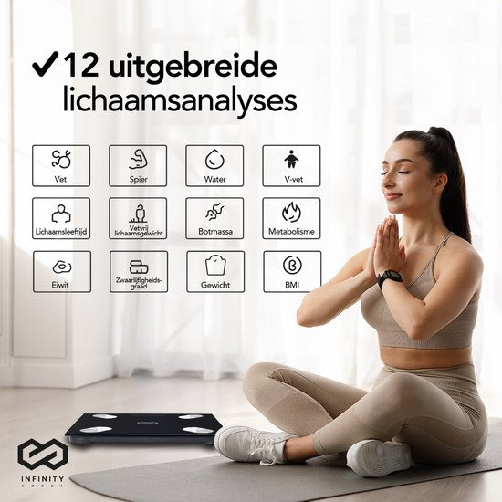 Infinity Goods Digitale Personenwaage mit App - Intelligente Waage mit Körperanalyse - Schwarz