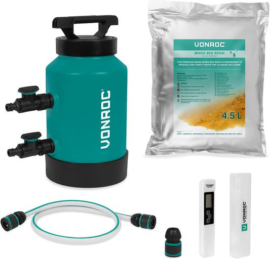 VONROC DI Reinwasserfilter - Deionisationsfilter - alternatives Osmosewasser - Inkl. 4,5L Mischbettharz, TDS-Meter, Schlauch und Fittings