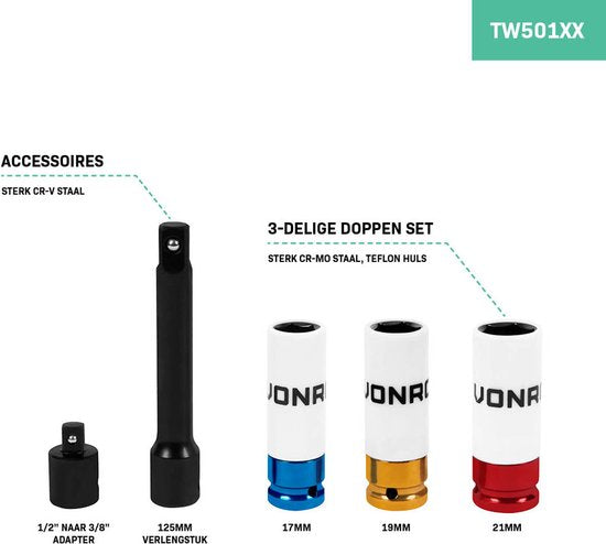 VONROC Reifenwechselset - Wagenheber 2000 kg - Drehmomentschlüssel ½" - Inkl. 3-teiligem Steckschlüsselsatz