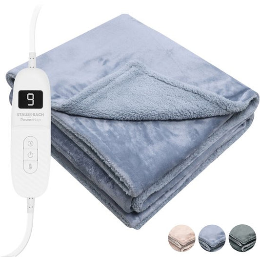 STAUS&BACH Heizdecke XXL - 2 Personen Oberdecke - Doppelseitige Fleece Sherpa Wärmedecke - Grau Blau - 180x130 cm PowerNap