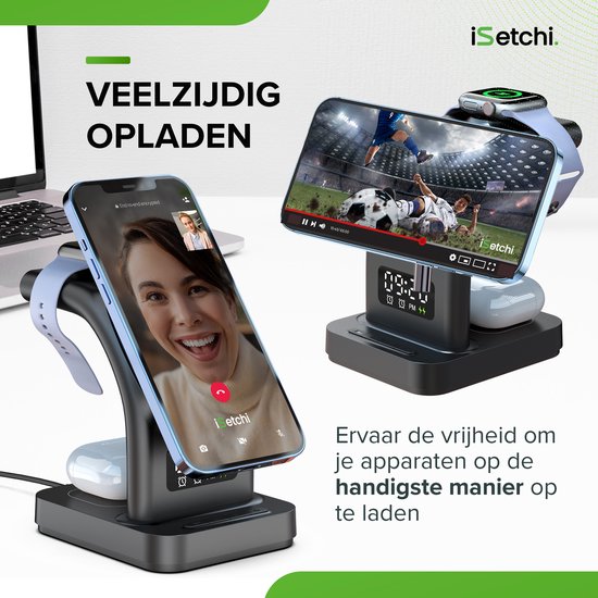 iSetchi MagSafe 5-in-1 Wireless Charger (15W USB-C Schnellladegerät) - Mit LED-Lampe, Digitaluhr & Weckfunktion - Geeignet für iPhone, Apple iWatch & Airpods - Wireless Qi Station - GSM Ladegerät