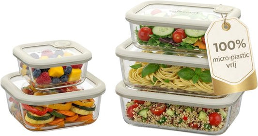 Safecourt Frischhaltebehälter - komplett aus Glas (100% frei von Mikroplastik) - Backofen, Gefrierschrank, Mikrowelle und Spülmaschine - 5er-Set