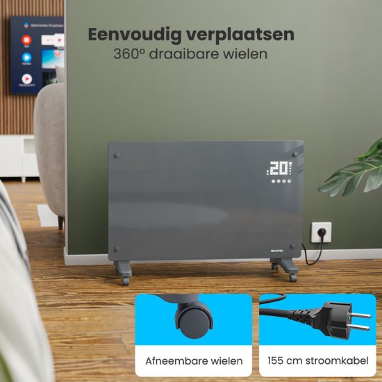 Auronic Electric Heater - Konvektor-Heizung mit Thermostat und Fernbedienung - Glasheizung - 2000W Heizung - Grau