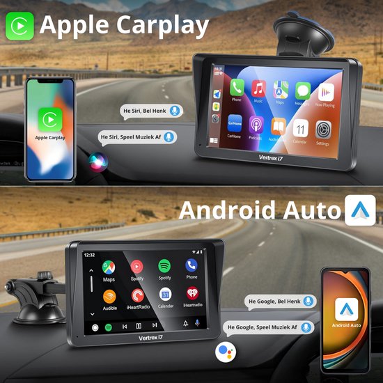 Vertrex Smart Car Display - Bildschirm kompatibel mit Carplay und Android Auto - Car Play - Kabellos - 7-Zoll - Touchscreen - Schwarz