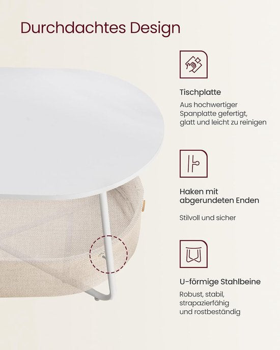 Furnstar - Couchtisch oval - Tisch mit Ablage - Beistelltisch - Wohnzimmertisch mit Stoffkorb - Modernes Design - Metallgestell - Mattweiß Kamelbraun