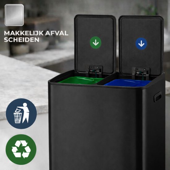 Bayt Mülleimer - Mülleimer 60 Liter (2x30) - Mülleimer 60 Liter - Treteimer 60 Liter - Mülleimer Mülltrennung - Mülleimer 2 Fächer - Mülleimer - Edelstahl - Schwarz/Silber