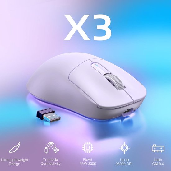 ATTACK SHARK Kabellose Gaming-Maus - Kabelgebunden/2.4G/BT5.4 - Leichtgewicht 49G - PAW3395 - 26000DPI - Lavendel