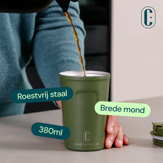 Castagnola Thermosbecher - Kaffeebecher To Go - Reisebecher für Kaffee und Tee - Teebecher - 380 ML - Edelstahl - Grün