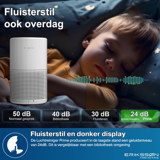 Erikssøn Luftreiniger Prime - Weiß - 70 m3/h - Hilft gegen Staub und Heuschnupfen und Allergien - Mit Hepa-Filter - Luftreiniger