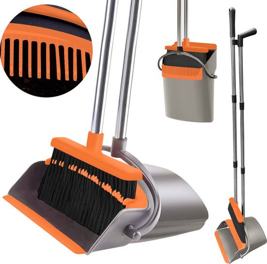 TTD® Kehrschaufel und Bürste mit langem Stiel XXL - Verstellbar 54-263 cm - Besen - Besenstiel - Grau & Orange - Kehrschaufel und Bürste - Schmutzbehälter für drinnen und draußen - Integrierte Reinigungszähne