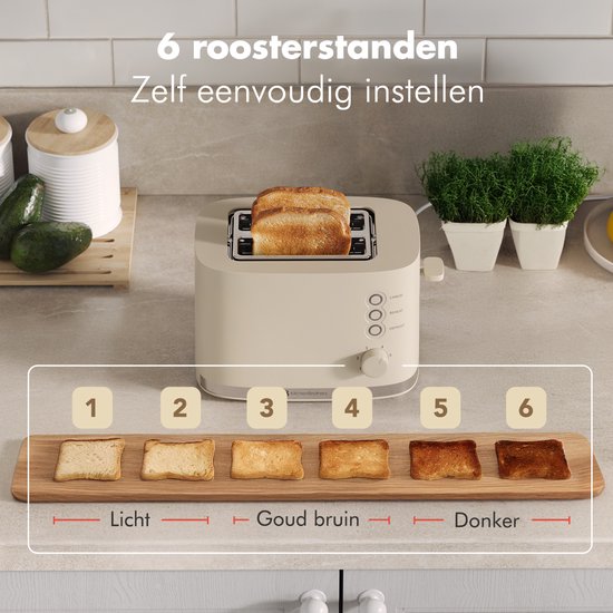 KitchenBrothers Toaster - Toaster - 6 einstellbare Wärmestufen - 2 extra breite Schlitze - 870W - Beige