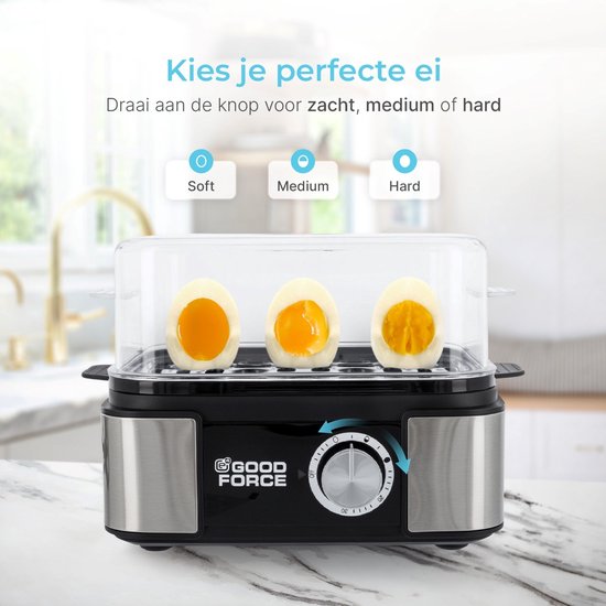 GoodForce Automatischer Eierkocher - Mit Timer - Mit Alarm - 6 Eier - Elektrisch - Inklusive Messbecher - Inklusive Eierstecher - Edelstahl - Spülmaschinenfest