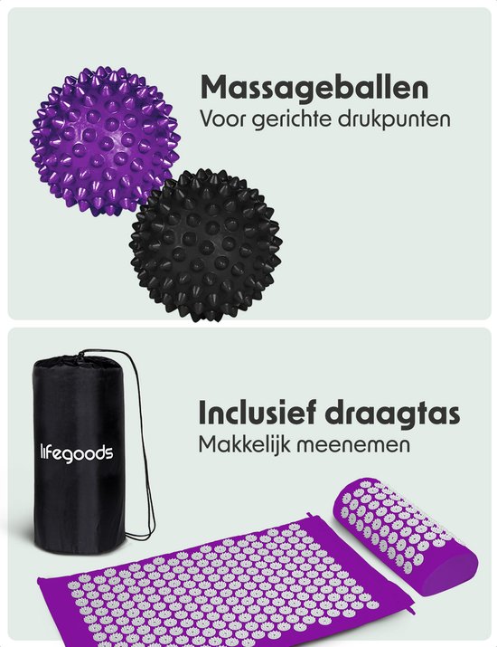 LifeGoods Akupressurmatte mit Kissen - Shakti Matte - Nagelmatte inkl. 2x Triggerpunkt Ball - 66x40x2cm - Lila/Weiß
