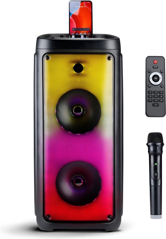 Bluetooth-Lautsprecher mit Mikrofon - Partybox mit Stimmungsbeleuchtung - Musikbox und Karaoke-Set - Party-Lautsprecher mit Bluetooth-, Aux- und USB-Eingängen - leicht zu transportieren mit Tragegriff - Schwarz