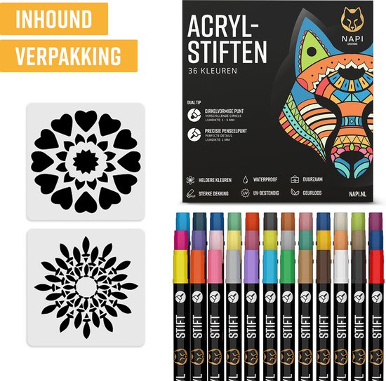NAPI 36 Acrylmarker Dual Tip - Twinmarker - Malstifte Happy Stones - Steinmalerei mit Acrylmalstiften - Erwachsene und Kinder - Inkl. 2 Mandala-Schablonen