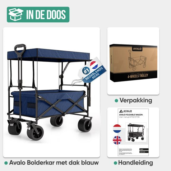 Avalo Bolderkar mit Dach XL faltbar - bis zu 110KG Tragfähigkeit - 120L - 97x60x105 CM - 360º Räder - Bolderwagen / Bolderwagen / Strandwagen / Trekkingwagen / faltbarer Bolderkar - Für Strand - Blau