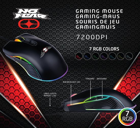 No Fear Gaming-Maus - 7200dpi - RGB-Maus mit LED-Beleuchtung - 1,5 m Kabel - USB 2.0-Anschluss - Schwarz
