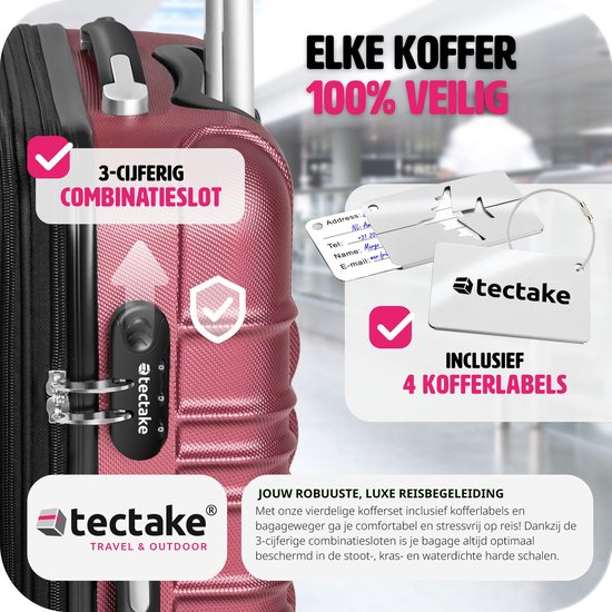 tectake - 4-teiliges Hartschalenkofferset - Reisekofferset mit Rollen - ABS - Teleskopgriff und Schloss - Inklusive Gepäckwaage - Trolleygrößen S-M-L-XL - Rot