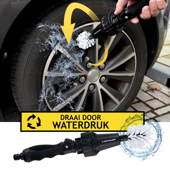 Dunlop Reinigungsbürste - Felgenbürste - Mit Schlauchanschluss 3/4" - Rotierend - Durchflussregler - 2 Bürsten