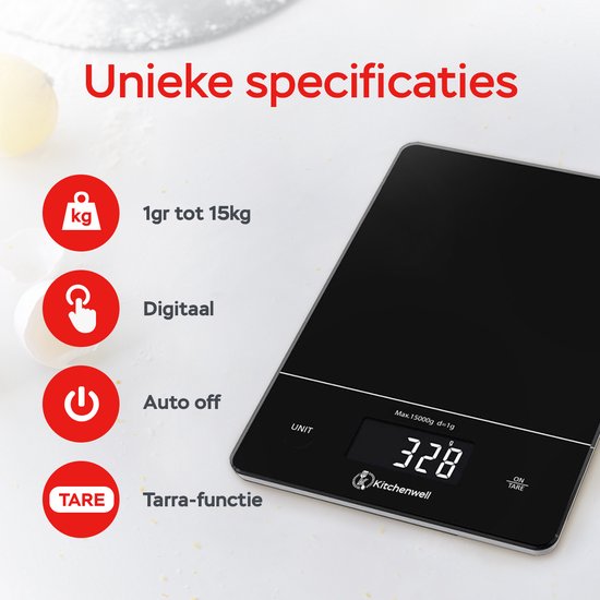 Kitchenwell Digitale Präzisions-Küchenwaage - Küchenwaage - 1gr - 15kg - Tara-Funktion - Schwarz