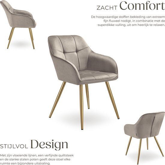 tectake Velvet Chair - Esszimmerstuhl mit gestepptem Samtstoff, moderne Küchenstühle, bequemer Sessel für Wohnzimmer, Esszimmer, Lounge - taupe / gold