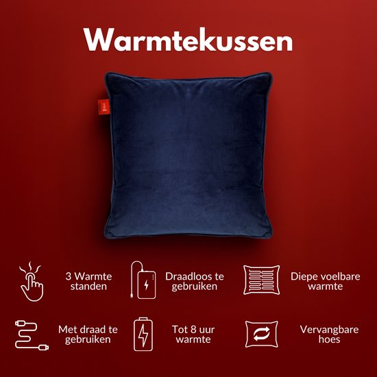 Coozie Wiederaufladbares Wärmekissen - Kabellos & verkabelt - 45-65°C - Samt - 45 x 45 cm - Elektrisches Kissen - Inkl. Powerbank - Bis zu 8 Stunden Wärme - Dunkelblau
