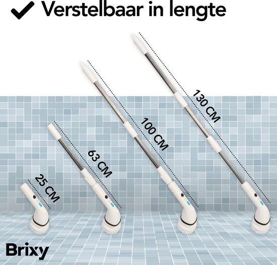 Brixy Elektrische Reinigungsbürste - Ausziehbare Schrubberbürste - Kabellos - 8 Aufsätze - Schrubber - Weiß