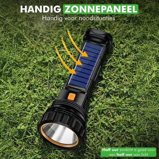 Travelhawk Flashlight - Taschenlampe Led - Taschenlampe Militär - Batteriebetriebene Taschenlampe - 1000 Lumen - Solarpanel - Wasserdicht - Schwarz